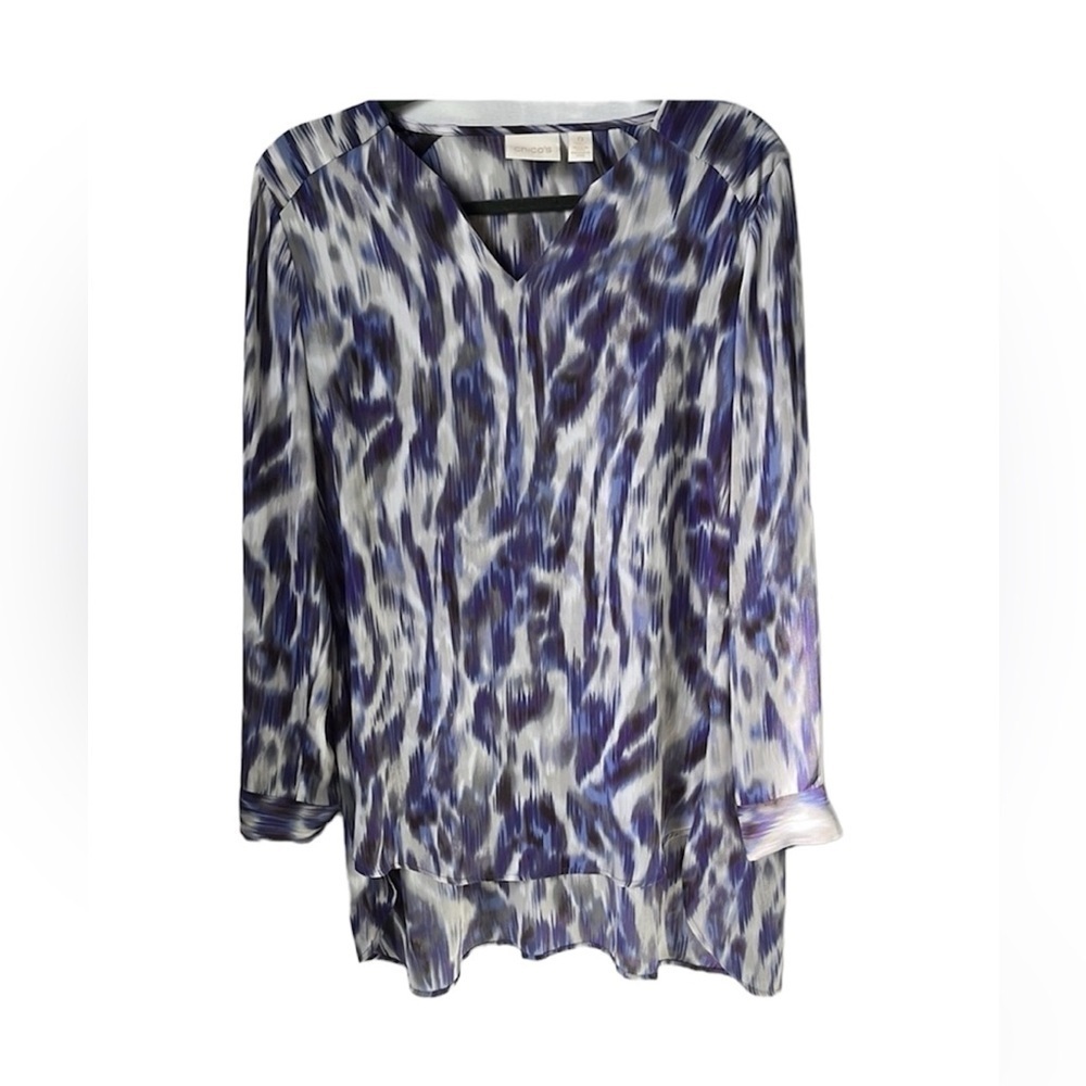 Chico’s Abstract Print Hi Low Tunic Blouse Blue Purple Size 0